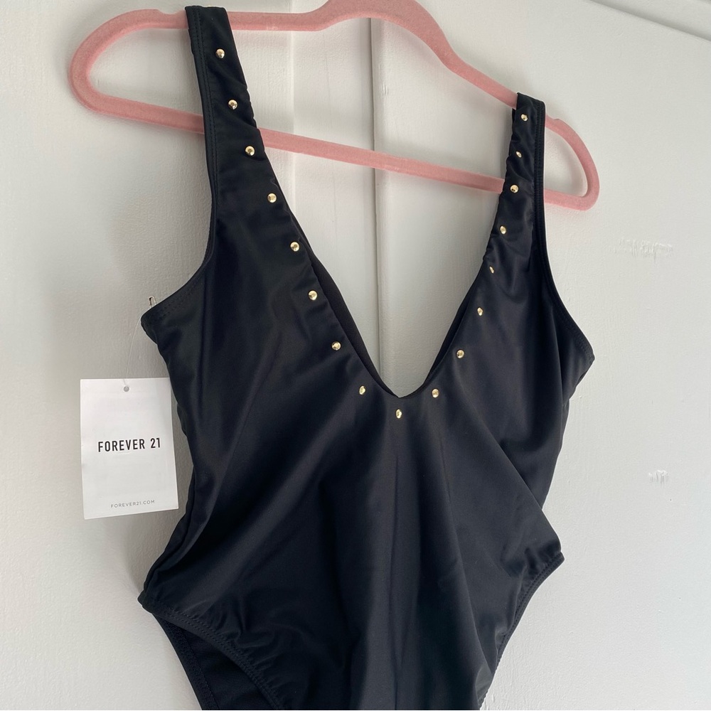 Forever 21 Black One-Piece High Waist & Leg Swimsuit Gold Studded Plunging Neck